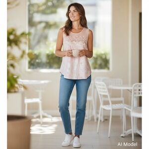 Inner Most Blouse Women Large Pink Floral Embroidered Mesh Sleeveless Satin Top